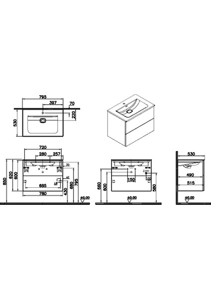 Metropole Pure 67226 Lavabo Dolabı, 2 Çekmeceli, Mat Grafit, 80 cm fiyatları