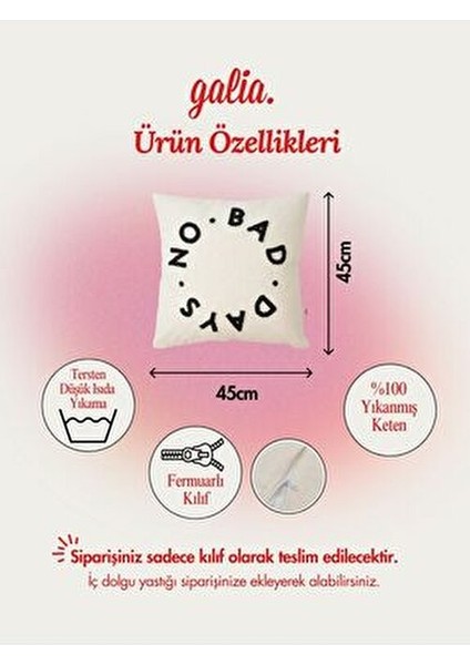 Galia No Bad Days Punch Kırlent Kılıfı 45x45 cm Siyah Yıkanmış Keten Modern Tasarım Detayları