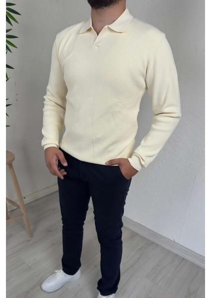 - Erkek Ekru Polo Yaka Regular Triko Kazak