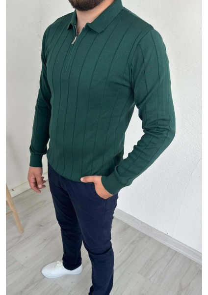 - Erkek Yeşil Çizgili Fermuarlı Polo Yaka Triko Kazak