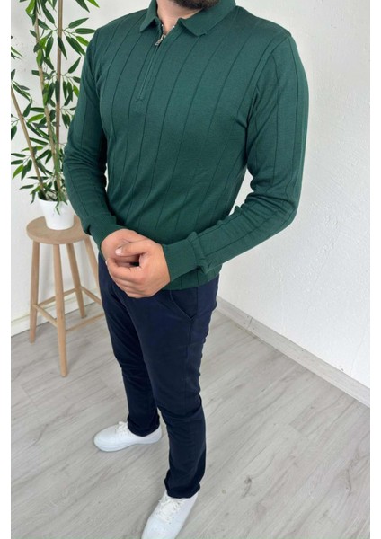 - Erkek Yeşil Çizgili Fermuarlı Polo Yaka Triko Kazak modelleri