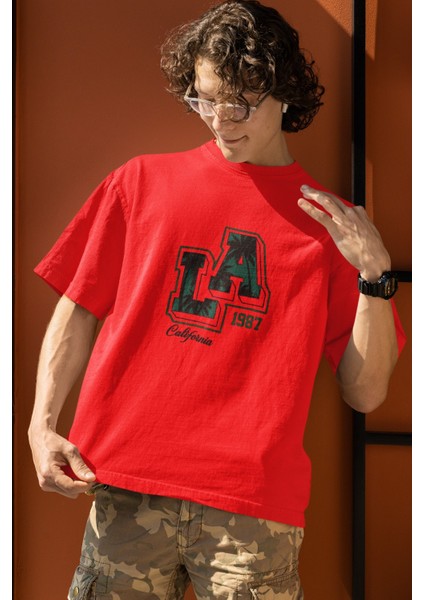 Erkek La Transfer Baskılı Yuvarlak Yaka Kısa Kol Tişört