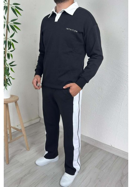 Erkek Siyah Polo Yaka Baggy Çizgili Günlük Takım