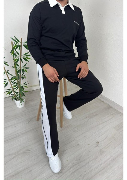Erkek Siyah Polo Yaka Baggy Çizgili Günlük Takım fiyatları