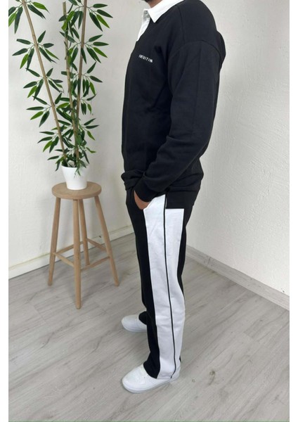 Erkek Siyah Polo Yaka Baggy Çizgili Günlük Takım fırsatları