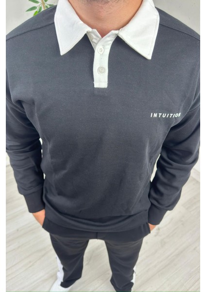 Erkek Siyah Polo Yaka Baggy Çizgili Günlük Takım indirimleri