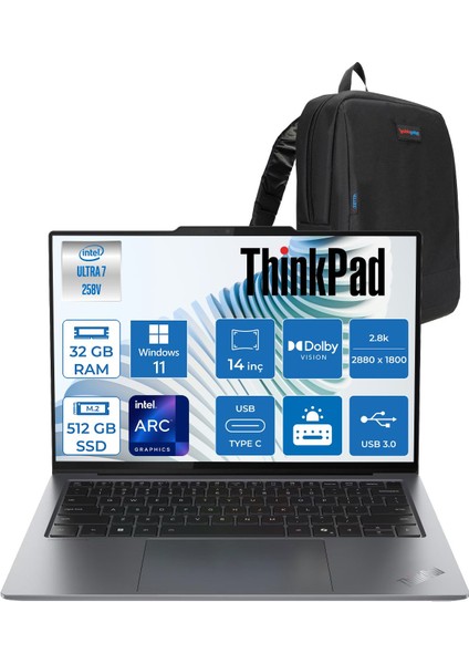 Thinkpad X9-14 Gen 1 Aura Edition Intel Core Ultra 7 258V 32 GB 512GB SSD Windows 11 Pro 14'' 2.8k (2880 x 1800) OLED 500NITS Dokunmatik Dizüstü Bilgisayar X21QA0025TX02 + Zetta Çanta