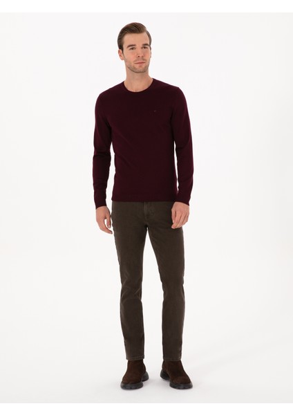 Erkek Açık Bordo Slim Fit Yün Karışımlı Bisiklet Yaka Basic Triko Kazak 50315266-VR263