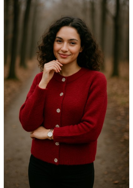 Kadın Bordo Yumuşak Dokulu Hırka Taşlı Düğme Detaylı 5559