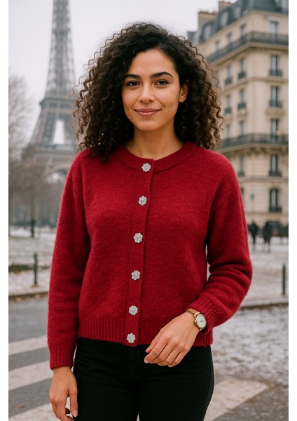 Kadın Bordo Yumuşak Dokulu Hırka Taşlı Düğme Detaylı 5559 fırsatları