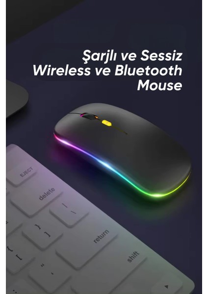 Kablosuz Wireless 2.4g Bluetooth Sessiz Mouse Şarj Edilebilir Rgb Renkli Ergonomik Tasarımlı