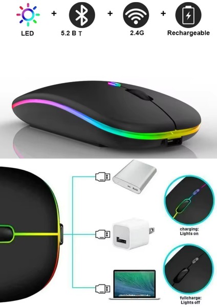 Kablosuz Wireless 2.4g Bluetooth Sessiz Mouse Şarj Edilebilir Rgb Renkli Ergonomik Tasarımlı