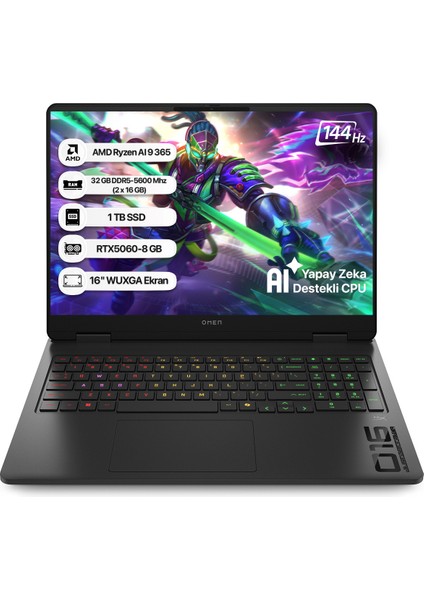 Omen C12CPEA AMD Ryzen Aı 9 365 32GB 1tb SSD RTX5060-8GB Freedos 16" Wuxga 144Hz Taşınabilir Bilgisayar