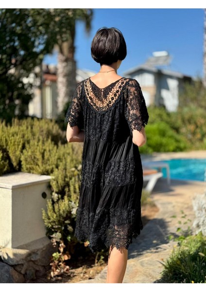 NCC10337 Italyan Ipek Elbise Siyah