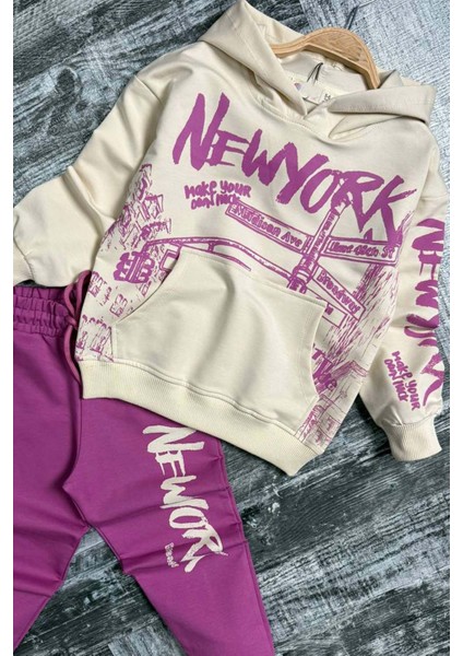 Kız Çocuk Üzeri New York Yazı Detaylı Bilekleri Manşetli Sweatshirt Mor Eşofman Takım fırsatları