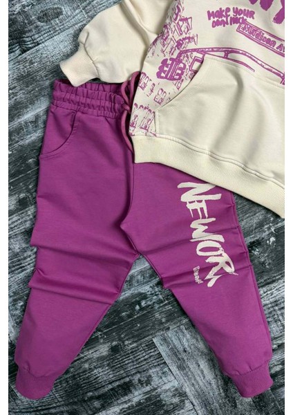 Kız Çocuk Üzeri New York Yazı Detaylı Bilekleri Manşetli Sweatshirt Mor Eşofman Takım indirimleri