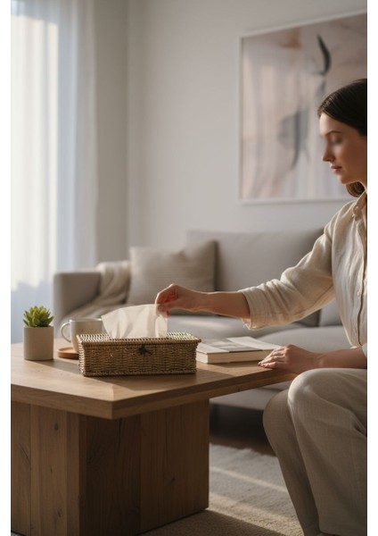 Rattan Kapaklı Peçetelik Bambu Ahşap Peçetelik