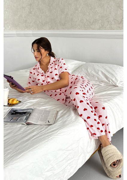 Kadın Gömlek Yaka Pamuklu Kalp Desenli 3'lü Yumuşak Dokulu Pijama Takımı modelleri