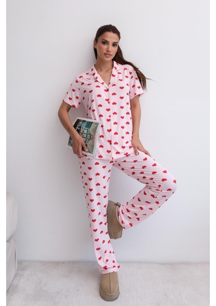 Kadın Gömlek Yaka Pamuklu Kalp Desenli 3'lü Yumuşak Dokulu Pijama Takımı indirimleri