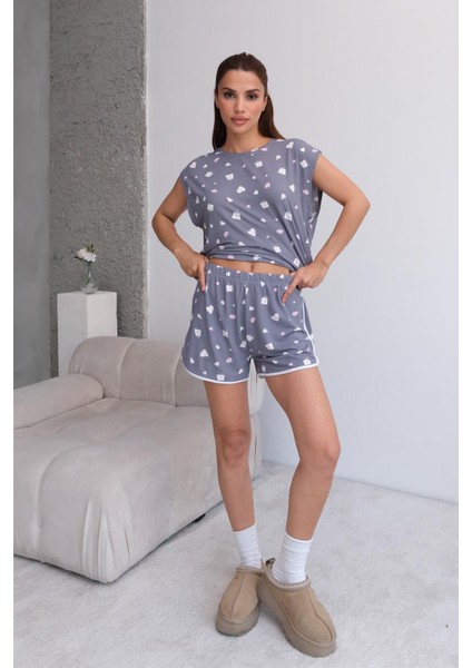 Kadın Bisiklet Yaka Japone Kol Pamuklu Yumuşak Dokulu T-Shirt Şortlu Pijama Takımı fırsatları