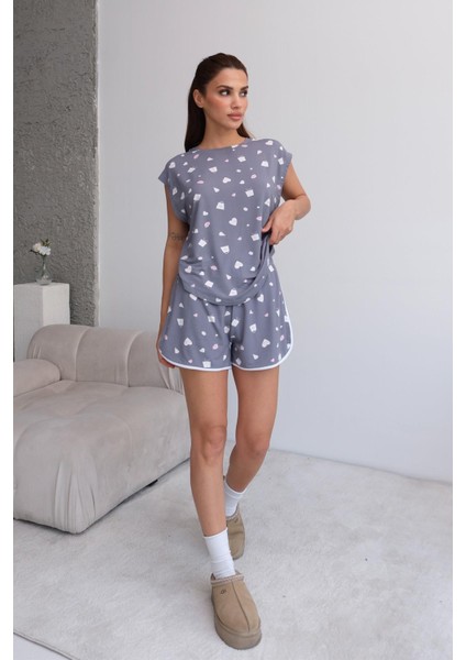 Kadın Bisiklet Yaka Japone Kol Pamuklu Yumuşak Dokulu T-Shirt Şortlu Pijama Takımı indirimleri