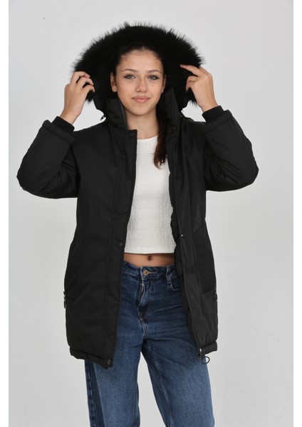 Kız Çocuk Kışlık Polar Astar Kalın Rahat Kalıp Çıkabilir Kapüşonlu Kaban Mont