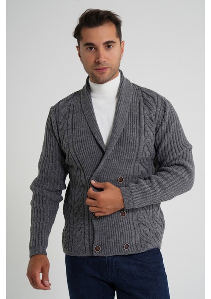 Erkek Şal Yaka Altı Düğmeli Kruvaze Yün Ceket Hırka TRIST-5353