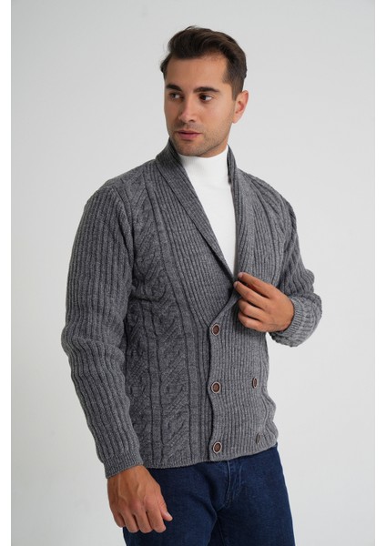 Erkek Şal Yaka Altı Düğmeli Kruvaze Yün Ceket Hırka TRIST-5353