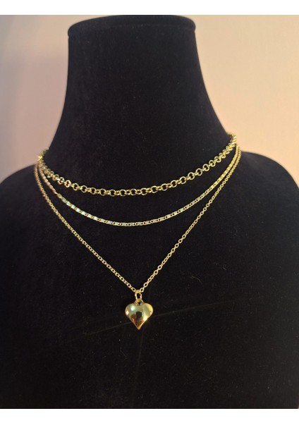 3’lü Set Altın Renk Kalp Uçlu Kadın Kolye