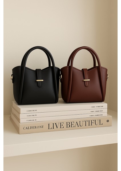 Kadın Üç Bölmeli Tasarım Çıkarılabilir Makyaj Çantalı 2'li El ve Omuz Çantası Roma (siyah , bordo)