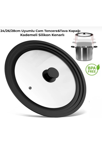 24/26/28 cm Cam Tencere&tava Kapağı 3 Kademeli Silikon Kenarlı