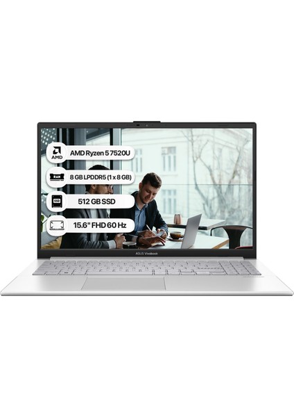 VivoBook Go 15 E1504FA-NJ115 Ryzen5 7520U 8GB 512SSD 15.6" FullHD Freedos Taşınabilir Bilgisayar