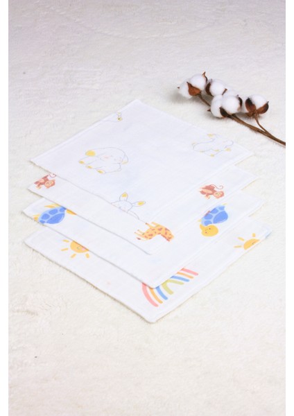 ® Müslin Ağız Omuz Ter Bezi 2 Katlı Desenli %100 Organik Pamuk 4'lü Set 25X25 cm Unisex