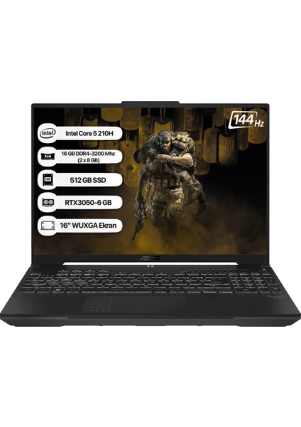 Tuf Gaming F16 FX607VJ-RL059 Intel Core 5 210H 16GB 512GB SSD RTX3050-6GB 65W Freedos 16" 144Hz Wuxga Taşınabilir Bilgisayar