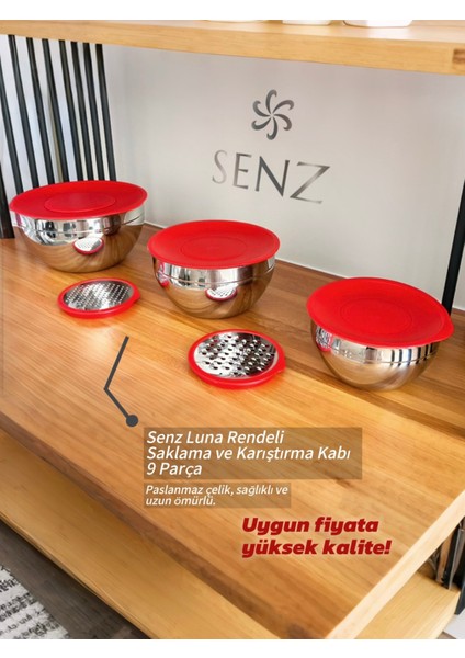 Luna 9 Parça Saklama ve Karıştırma Kabı Rendeli Kırmızı Kapaklı