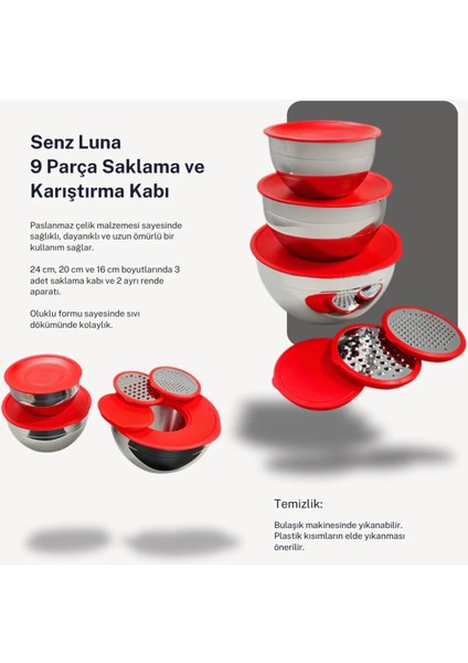 Luna 9 Parça Saklama ve Karıştırma Kabı Rendeli Kırmızı Kapaklı fiyatları