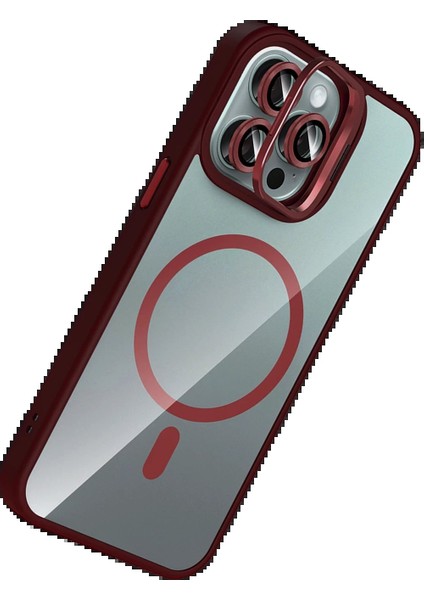 Apple iPhone 15 Pro Max Remim Lensli Magsafe Standlı Kapak - BORDO-(5796) - FEİ1754-2427 modelleri