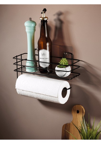 SAS Siyah Yapışkanlı Raflı Kağıt Rulo Havluluk & Peçetelik – Mutfak ve Banyo Düzenleyici Raf, 30x10 cm (Yapıştır/Vidala)