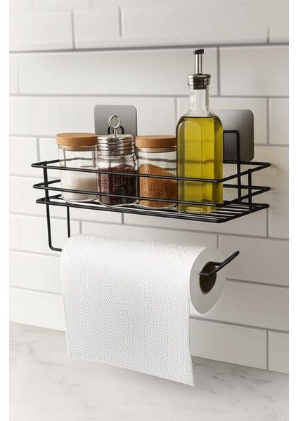 SAS Siyah Yapışkanlı Raflı Kağıt Rulo Havluluk & Peçetelik – Mutfak ve Banyo Düzenleyici Raf, 30x10 cm (Yapıştır/Vidala) modelleri