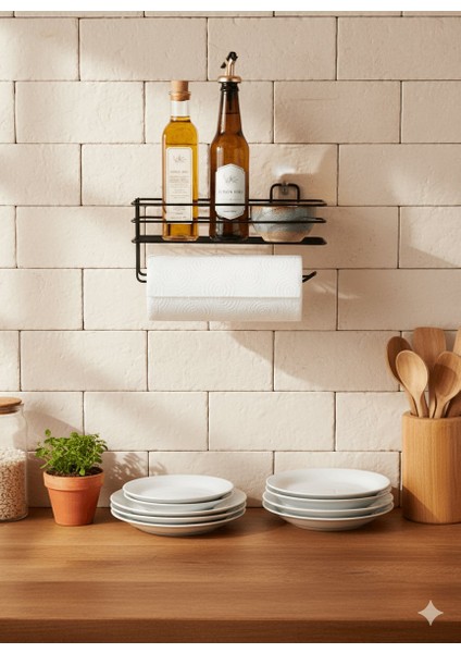 SAS Siyah Yapışkanlı Raflı Kağıt Rulo Havluluk & Peçetelik – Mutfak ve Banyo Düzenleyici Raf, 30x10 cm (Yapıştır/Vidala)