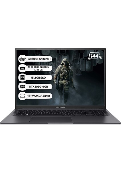 Vivobook 16X K3605VC-RP461-16 Intel Core I5 13420H 16GB 512GB SSD RTX3050-4GB Freedos 16" 144Hz Wuxga Taşınabilir Bilgisayar