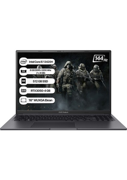 Vivobook 16X K3605VC-RP461 Intel Core I5 13420H 8gb 512GB SSD RTX3050-4GB Freedos 16" 144Hz Wuxga Taşınabilir Bilgisayar