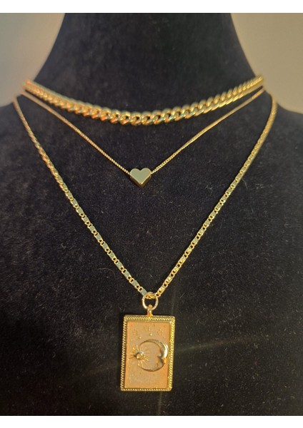 3’lü Set Altın Renk Kalp ve Ay Figürlü Kadın Kolye modelleri