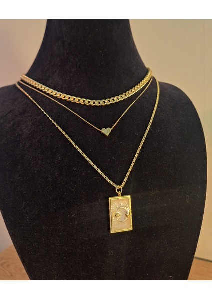 3’lü Set Altın Renk Kalp ve Ay Figürlü Kadın Kolye fırsatları