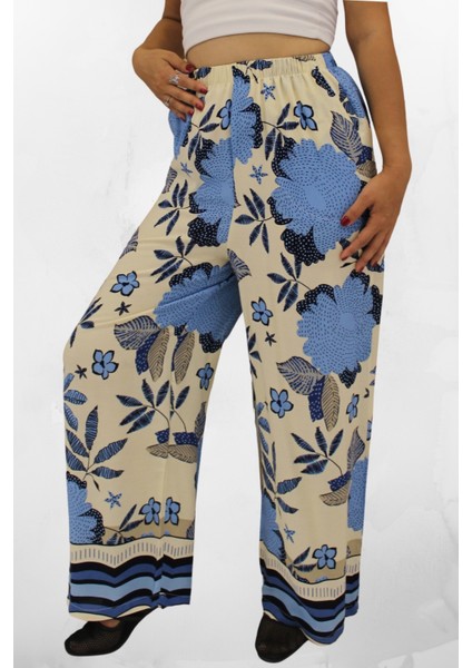 Beli Lastikli Rahat Kesim Viskon Kumaş Bol Paça Kadın Pantolon