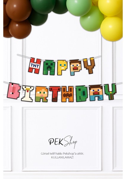 Minecraft Happy Birthday Banner Parti Süsleri Ipe Dizili Duvar Süsü