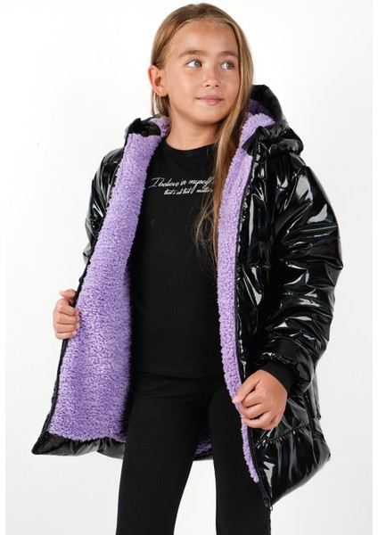 Parlak Kız Çocuk Kapüşonlu Suve Rüzgar Geçirmez Içi Mor Kürklü Mont modelleri
