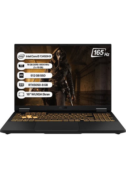 Tuf Gaming F16 FX608JH-RV082 Intel Core I5 13450HX 16GB 512GB SSD RTX5050-8GB 115W Freedos 16" 165Hz Wuxga Taşınabilir Bilgisayar