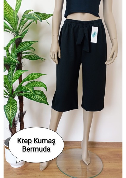 Kadın Siyah Krep Kumaş Dökümlü Geniş Paça Likralı Bermuda Alt