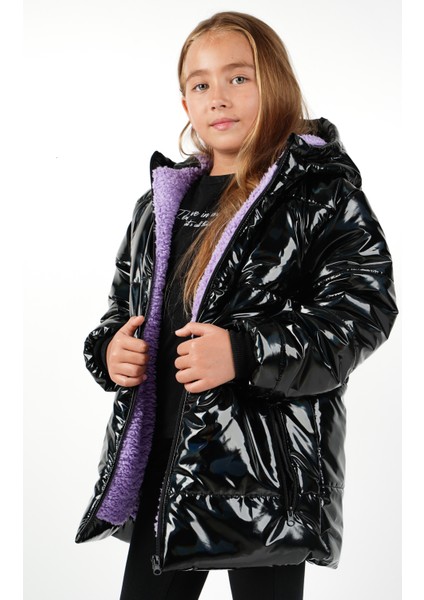Parlak Kız Çocuk Kapüşonlu Suve Rüzgar Geçirmez Içi Mor Kürklü Mont